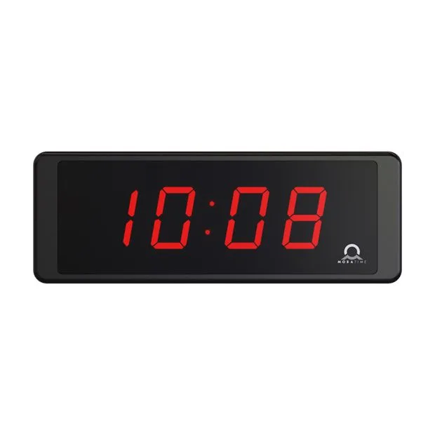 Mobatime-ECO-DC_compressed » advanceIT › Rectangular digital clock with red LED digits showing 10:08 on a black display.