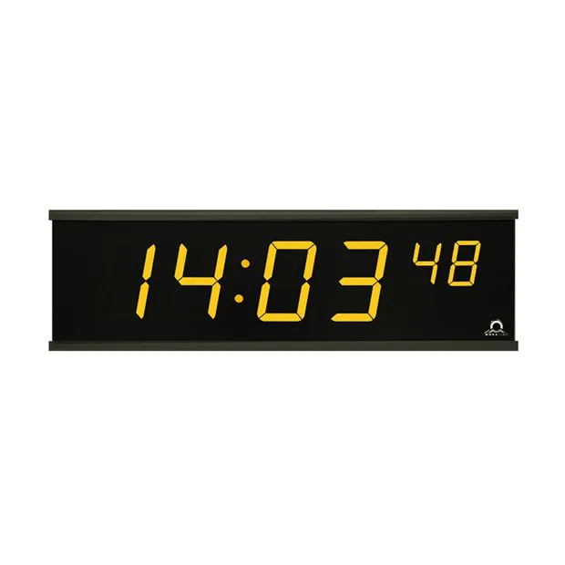 Mobatime-ECO-M-DC-Amber6_compressed » advanceIT › Digital LED wall clock showing 14:03 with a small 48 in the upper-right corner.