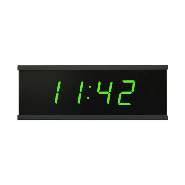 Mobatime-ECO-M-DC-Green4_compressed » advanceIT › Digital clock displays 11:42 with green LED digits on a black panel, framed elements visible.