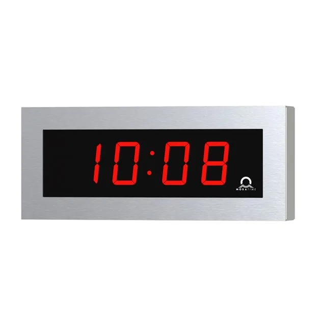 Digital clock reading 10:08 on a brushed metal panel with red LED digits