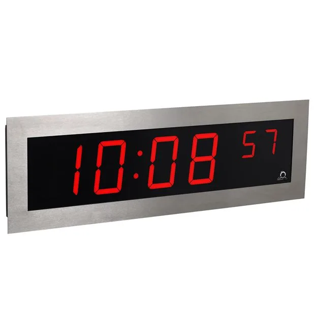 Rectangular brushed-metal digital clock displaying red LED digits 10:08 with seconds 57 on a black panel.