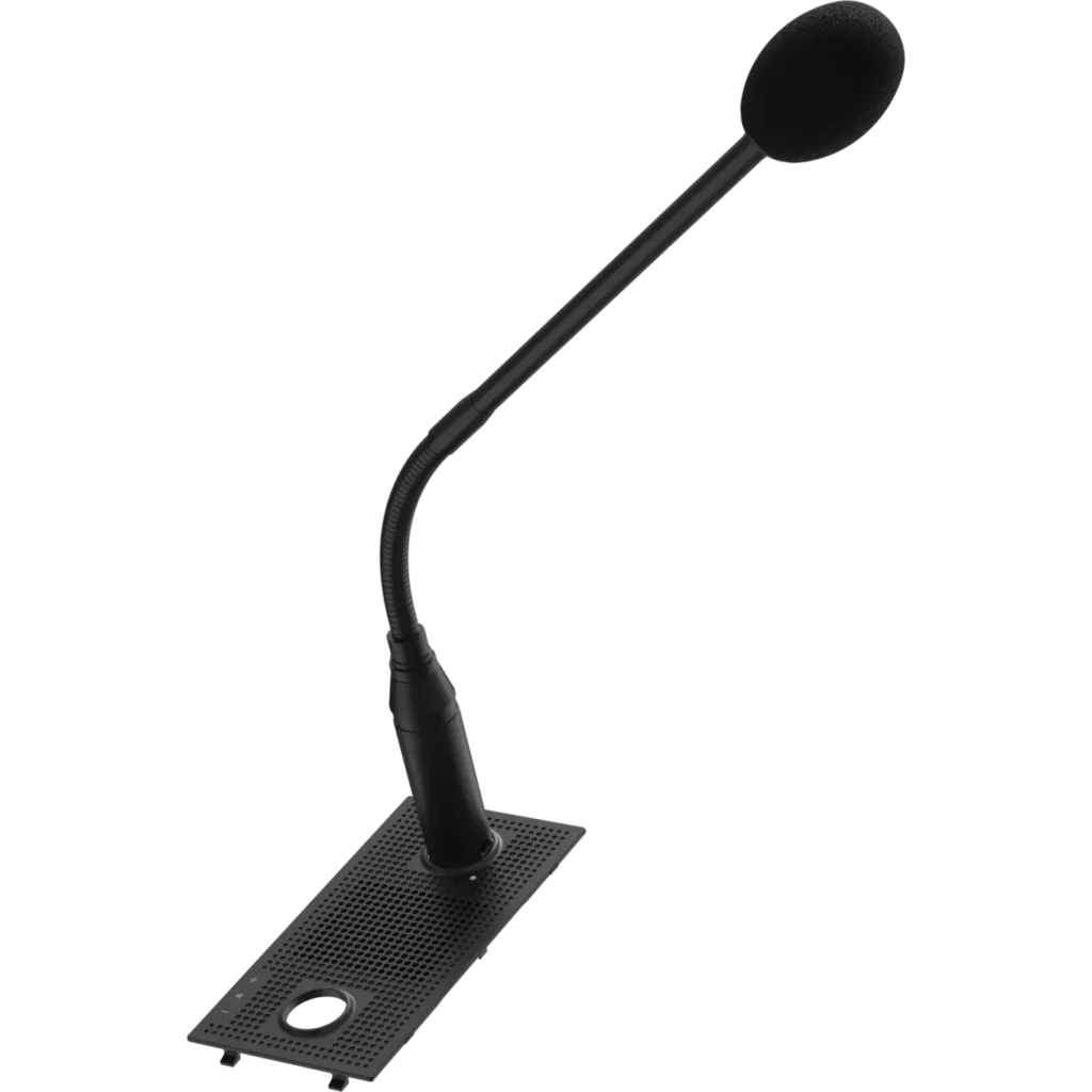 Gooseneck microphone on a perforated rectangular base for podium or conference use.
