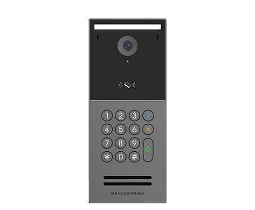GDS3720 Series_2 » advanceIT › Vertical wall-mounted video door intercom with camera, speaker, microphone, and numeric keypad (model GDS3725) for visitor access before entry, likely at a building door.