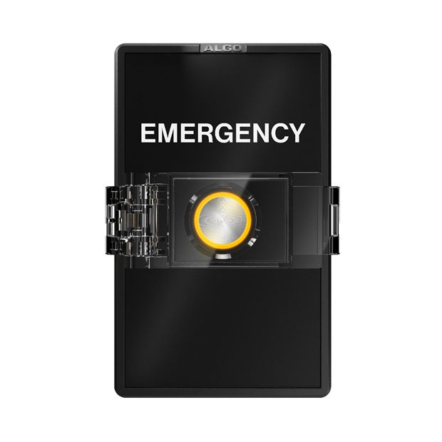 Algo 8211 black_compressed » advanceIT › Portable emergency device with a screen reading EMERGENCY and a circular central dial/lock in the middle.